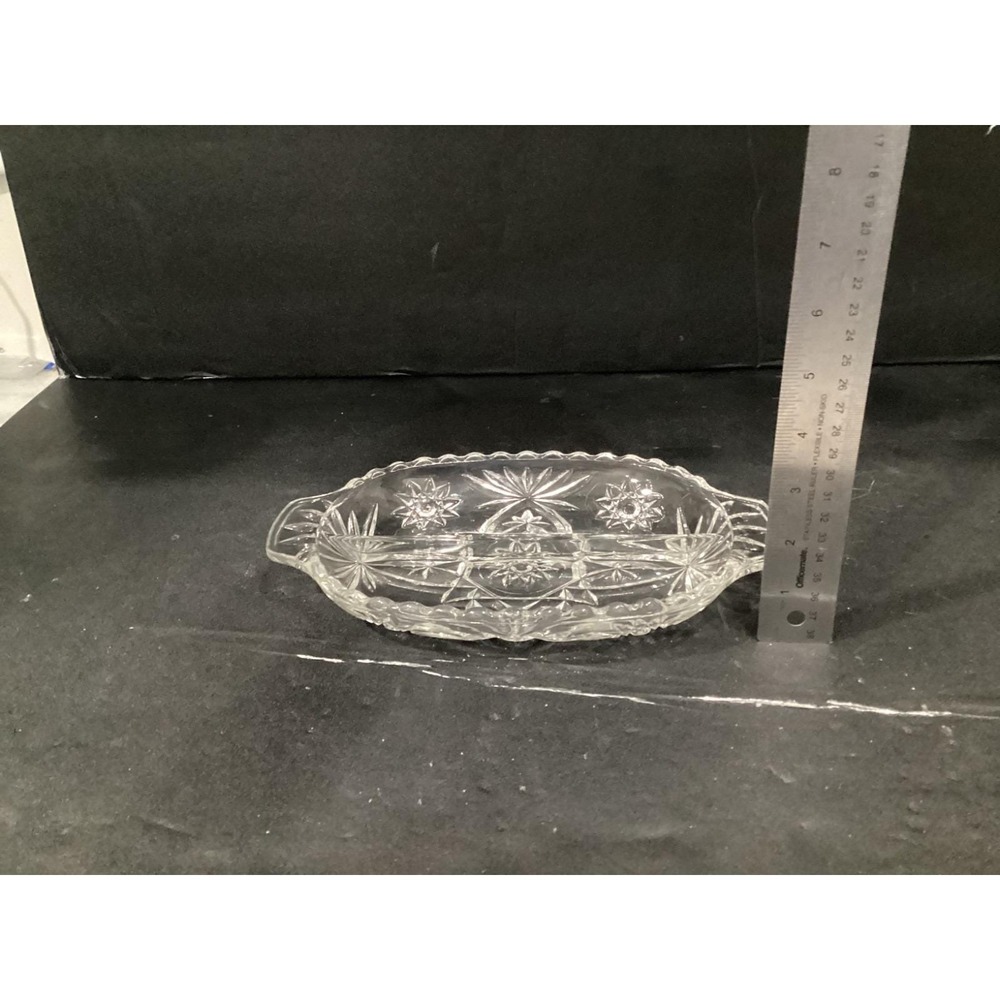 Vintage Anchor Hocking Oval Clear Cut Glass Divided Serving Platter Starburst